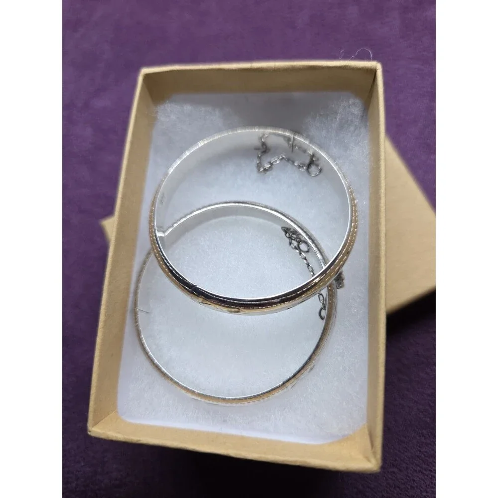 Sterling Silver Vintage Baby Hinged Bangle Bracelet Set Lovely Etched Design